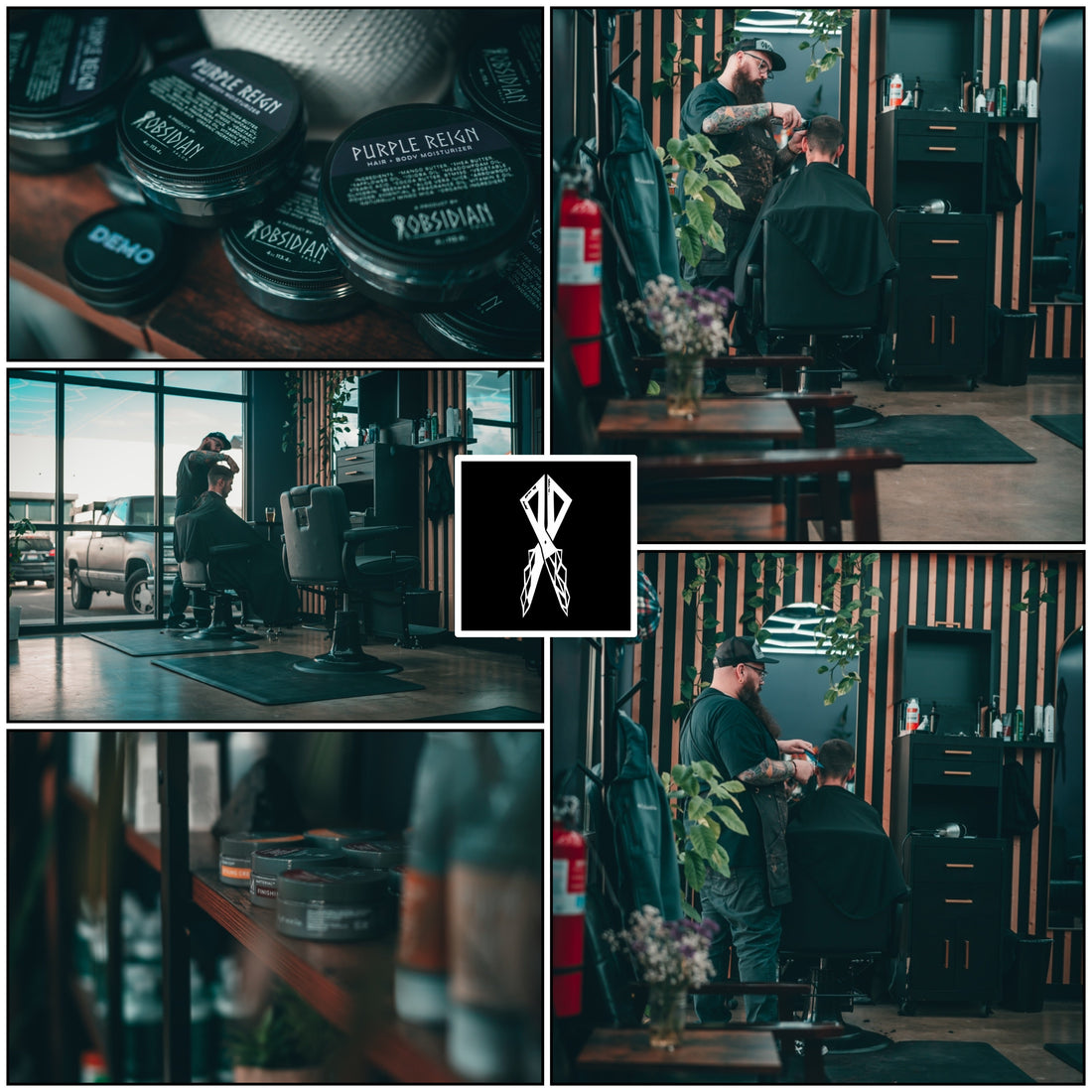 Obsidian Salon In Coeur D'Alene Idaho interior featuring stylist working and grooming products displayed.